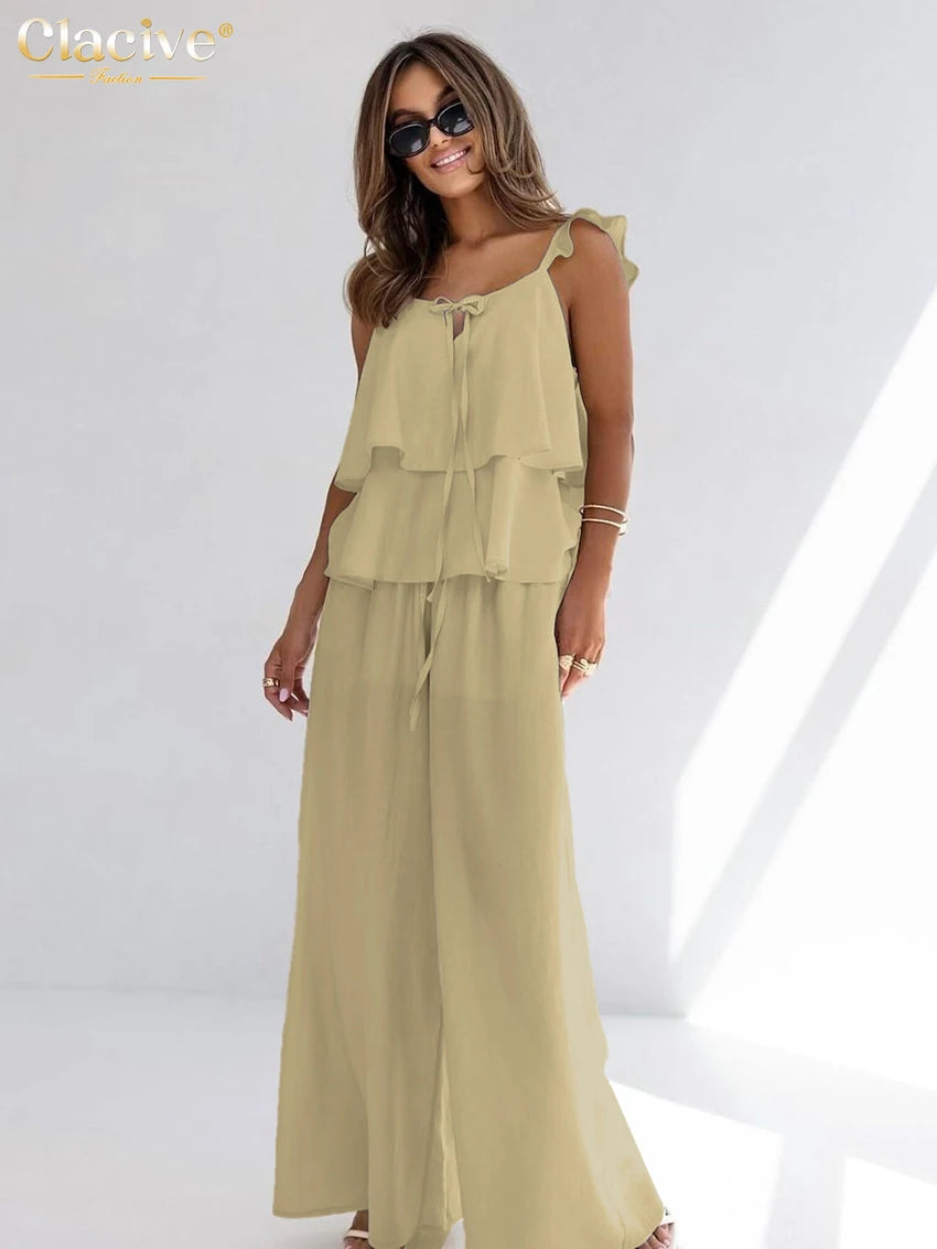 Clacive Summer Loose White Cotton Women's Two Pieces Set 2025 Fashion Sleeveless Tank Top With High Waist Wide Pants Set Female