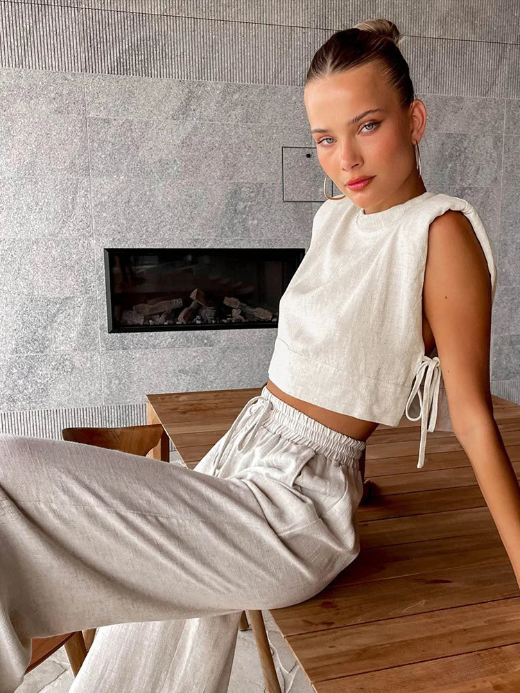 Primavera verão 2025 feminino férias conjunto de calça de linho colheita topos sólidos roupas 2 duas peças conjunto de correspondência para mulher