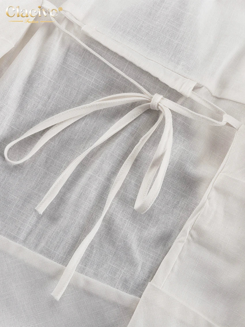 Clacive moda solta linho branco feminino duas peças conjunto 2024 elegante camisa de manga longa com cintura média calças largas conjunto streetwear