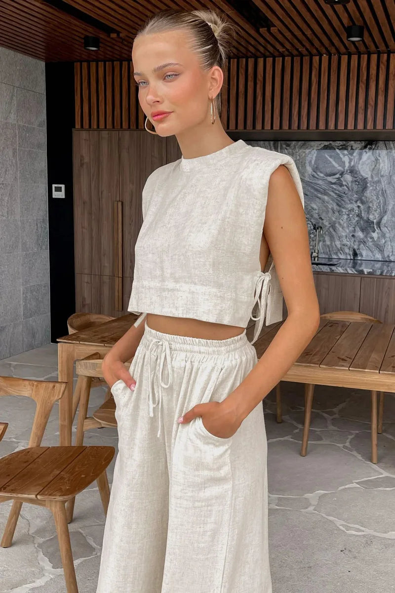 Primavera verão 2025 feminino férias conjunto de calça de linho colheita topos sólidos roupas 2 duas peças conjunto de correspondência para mulher