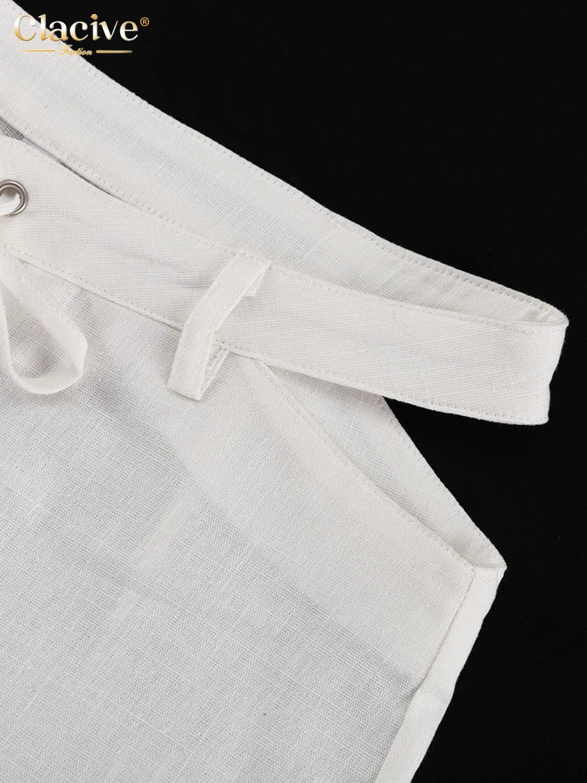 Clacive moda solta linho branco feminino duas peças conjunto 2024 elegante camisa de manga longa com cintura média calças largas conjunto streetwear