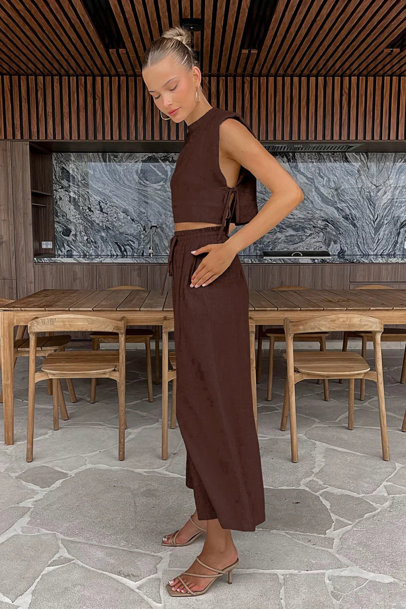 Primavera verão 2025 feminino férias conjunto de calça de linho colheita topos sólidos roupas 2 duas peças conjunto de correspondência para mulher