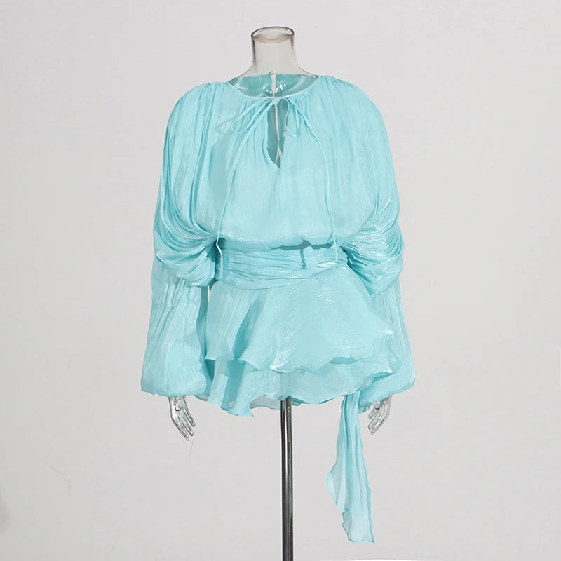 TWOTWINSTYLE Solid Patchwork Lace Up Blouse Mini Dresses For Women V Neck Long Sleeve Sweet Style Dress Female Clothing Fashion