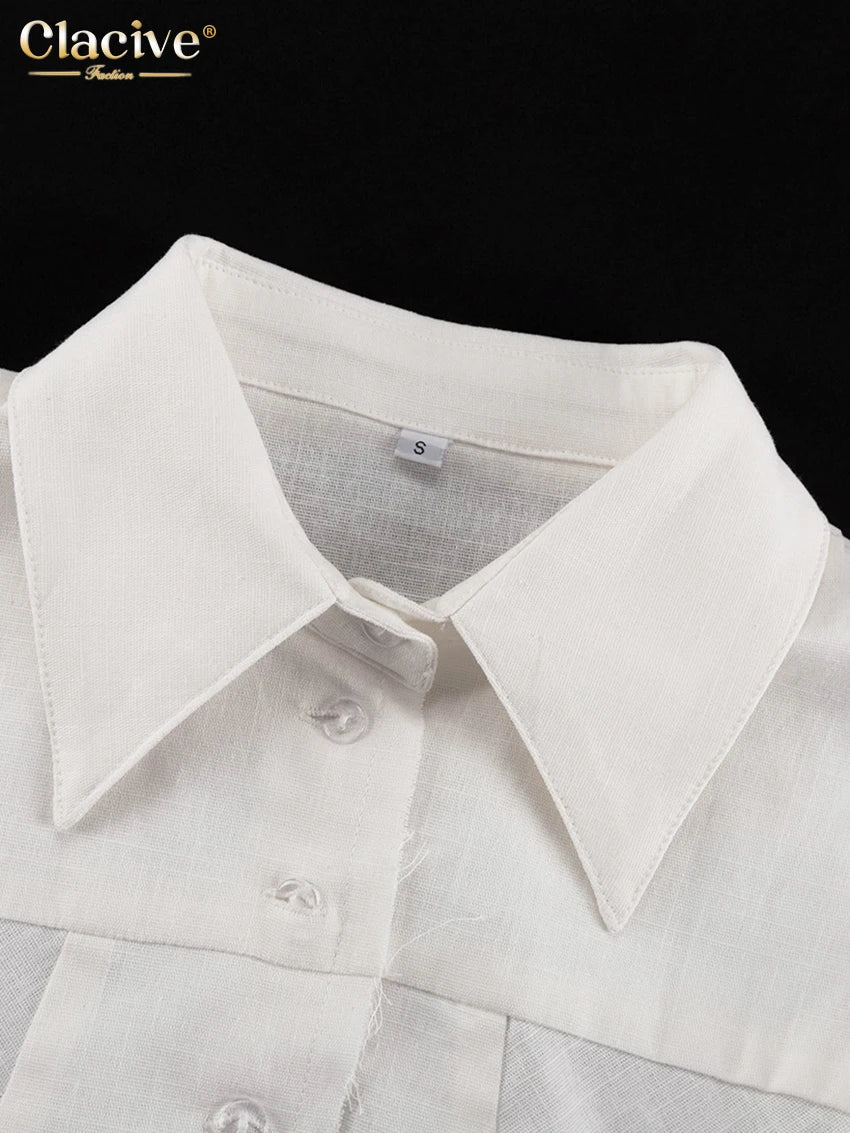 Clacive moda solta linho branco feminino duas peças conjunto 2024 elegante camisa de manga longa com cintura média calças largas conjunto streetwear