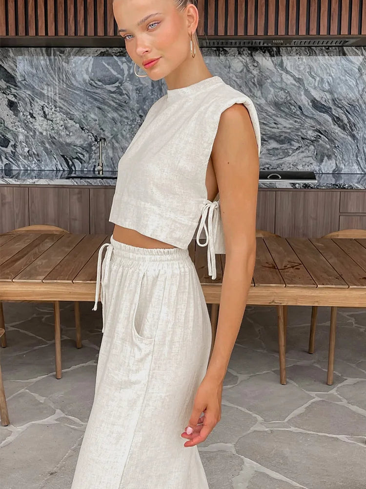 Primavera verão 2025 feminino férias conjunto de calça de linho colheita topos sólidos roupas 2 duas peças conjunto de correspondência para mulher