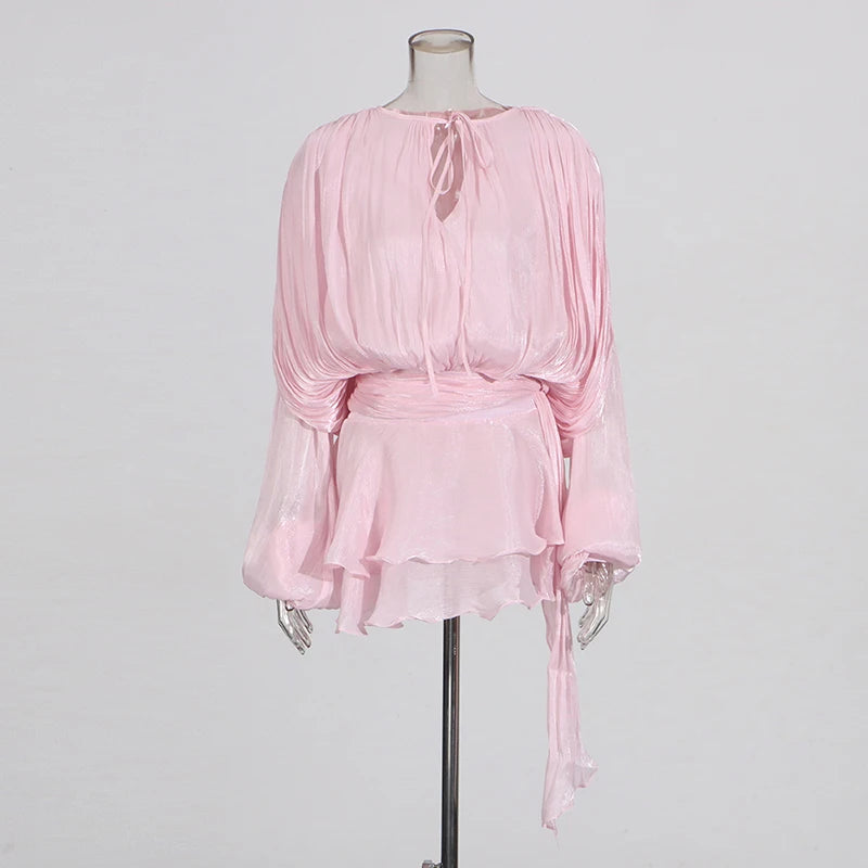 TWOTWINSTYLE Solid Patchwork Lace Up Blouse Mini Dresses For Women V Neck Long Sleeve Sweet Style Dress Female Clothing Fashion
