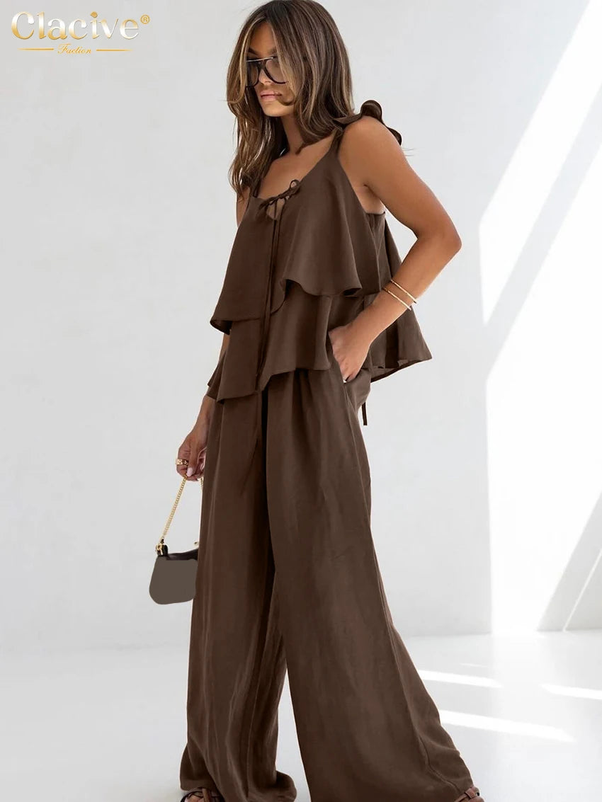 Clacive Summer Loose White Cotton Women's Two Pieces Set 2025 Fashion Sleeveless Tank Top With High Waist Wide Pants Set Female