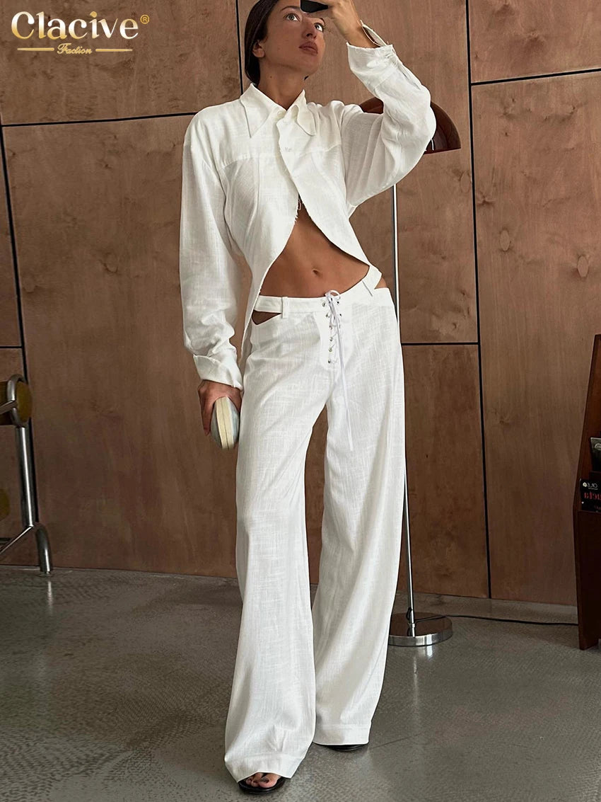 Clacive moda solta linho branco feminino duas peças conjunto 2024 elegante camisa de manga longa com cintura média calças largas conjunto streetwear