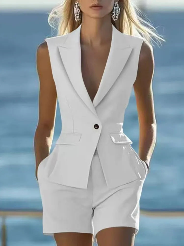 2025 Elegant Women Solid Sleeveless Suit Vest Two Piece Sets Summer Casual Lapel Button Top & Shorts Party Lady Slim Suit Outfit