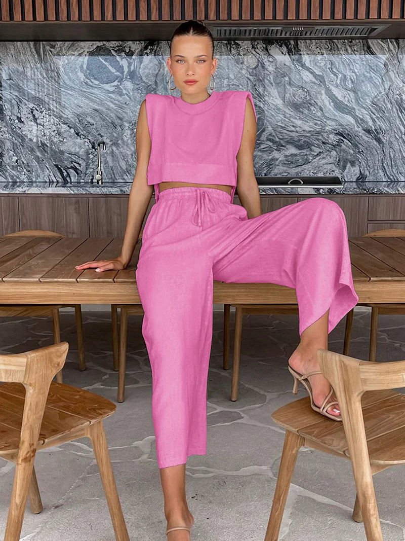 Primavera verão 2025 feminino férias conjunto de calça de linho colheita topos sólidos roupas 2 duas peças conjunto de correspondência para mulher