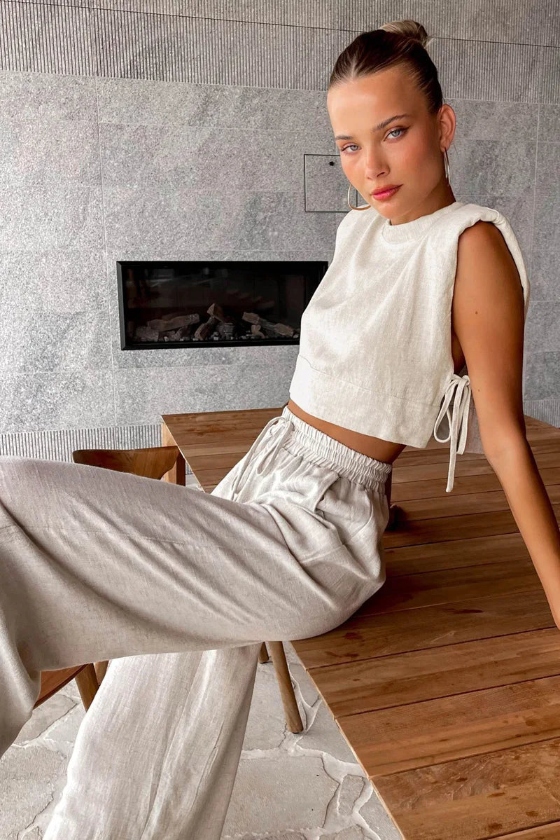 Primavera verão 2025 feminino férias conjunto de calça de linho colheita topos sólidos roupas 2 duas peças conjunto de correspondência para mulher