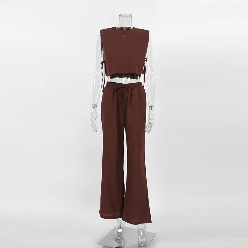 Primavera verão 2025 feminino férias conjunto de calça de linho colheita topos sólidos roupas 2 duas peças conjunto de correspondência para mulher