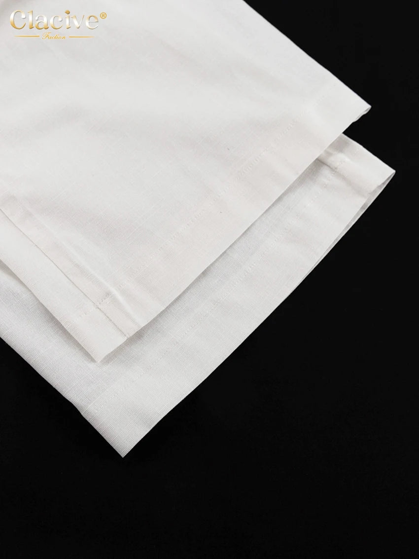 Clacive moda solta linho branco feminino duas peças conjunto 2024 elegante camisa de manga longa com cintura média calças largas conjunto streetwear