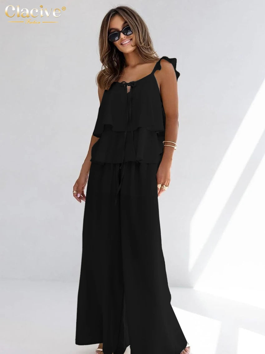 Clacive Summer Loose White Cotton Women's Two Pieces Set 2025 Fashion Sleeveless Tank Top With High Waist Wide Pants Set Female