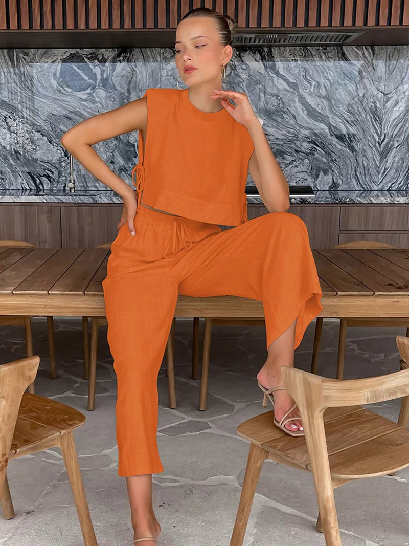 Primavera verão 2025 feminino férias conjunto de calça de linho colheita topos sólidos roupas 2 duas peças conjunto de correspondência para mulher