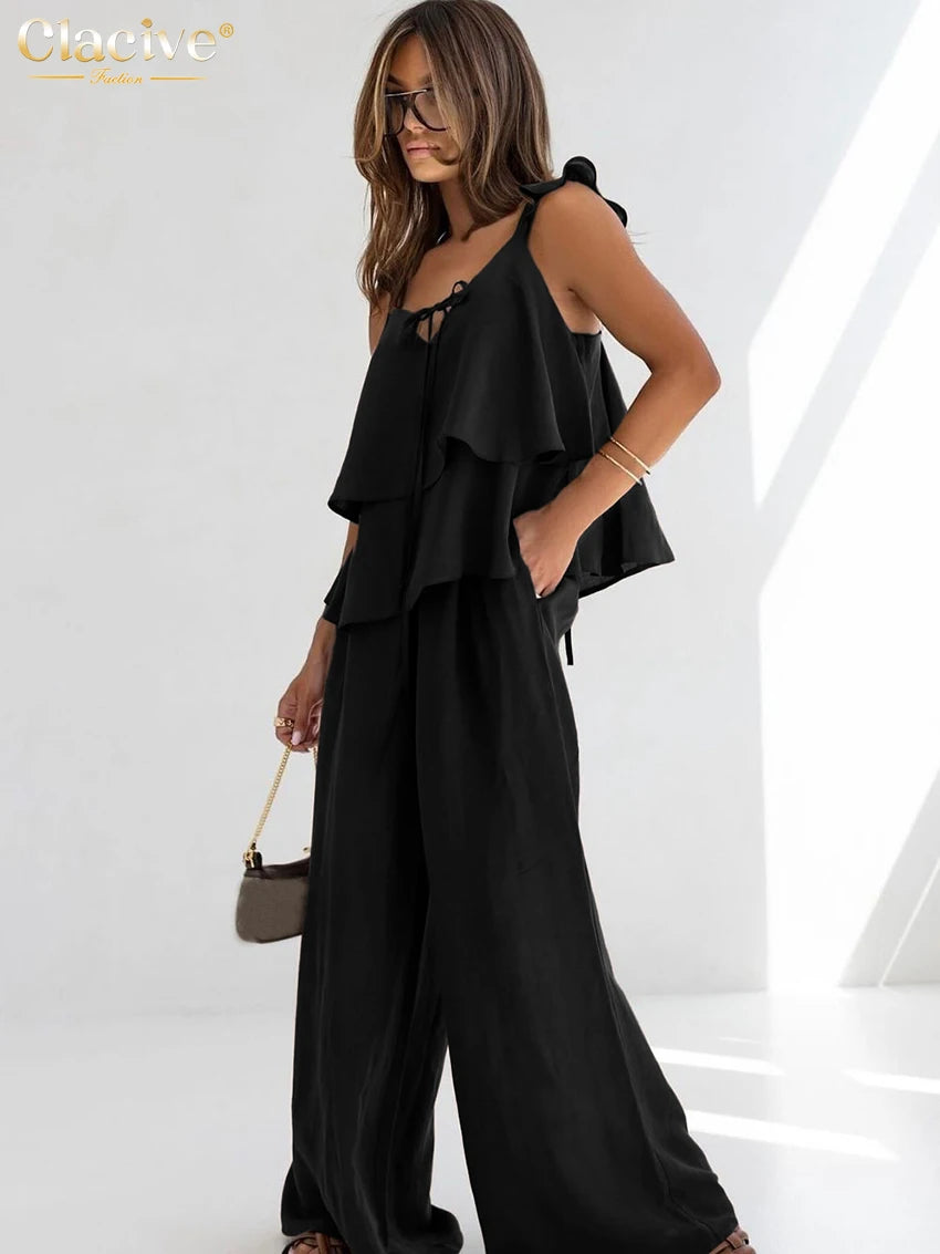 Clacive Summer Loose White Cotton Women's Two Pieces Set 2025 Fashion Sleeveless Tank Top With High Waist Wide Pants Set Female