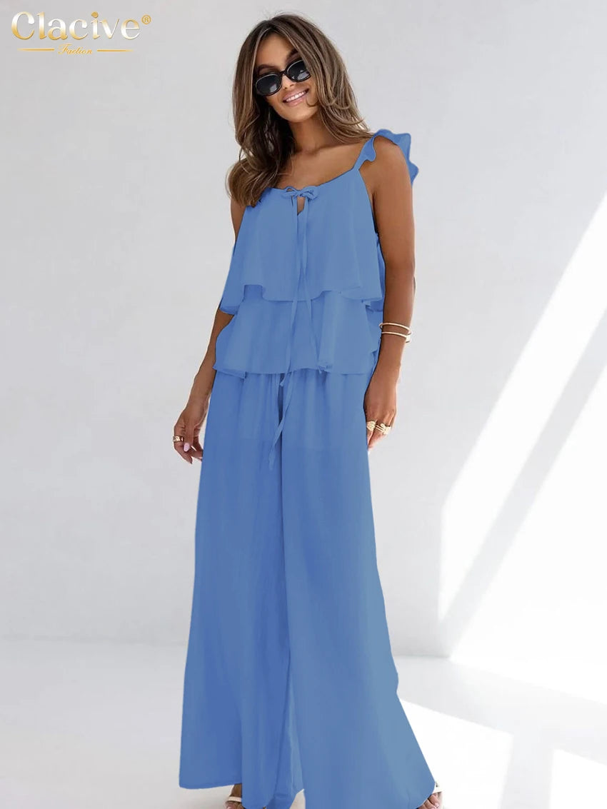 Clacive Summer Loose White Cotton Women's Two Pieces Set 2025 Fashion Sleeveless Tank Top With High Waist Wide Pants Set Female