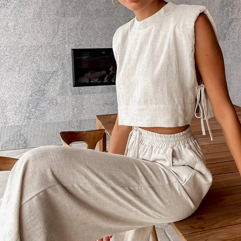 Primavera verão 2025 feminino férias conjunto de calça de linho colheita topos sólidos roupas 2 duas peças conjunto de correspondência para mulher