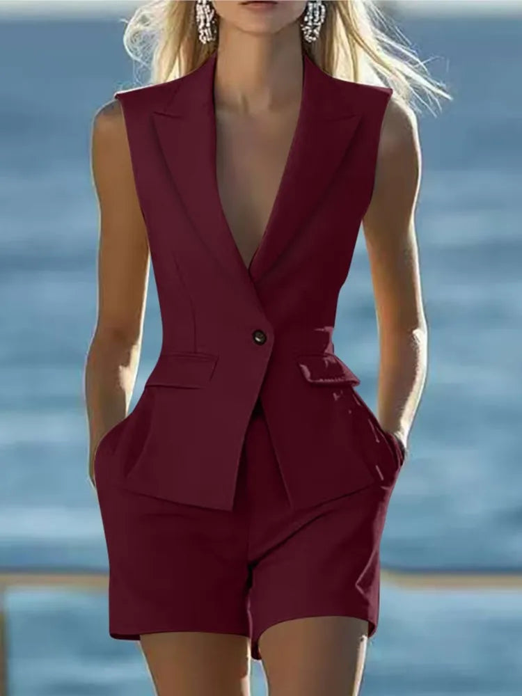 2025 Elegant Women Solid Sleeveless Suit Vest Two Piece Sets Summer Casual Lapel Button Top & Shorts Party Lady Slim Suit Outfit