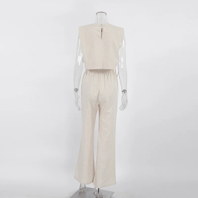 Primavera verão 2025 feminino férias conjunto de calça de linho colheita topos sólidos roupas 2 duas peças conjunto de correspondência para mulher