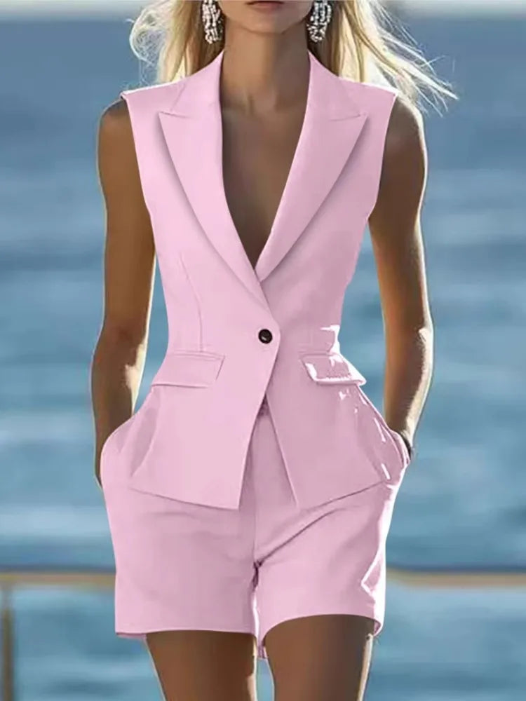 2025 Elegant Women Solid Sleeveless Suit Vest Two Piece Sets Summer Casual Lapel Button Top & Shorts Party Lady Slim Suit Outfit