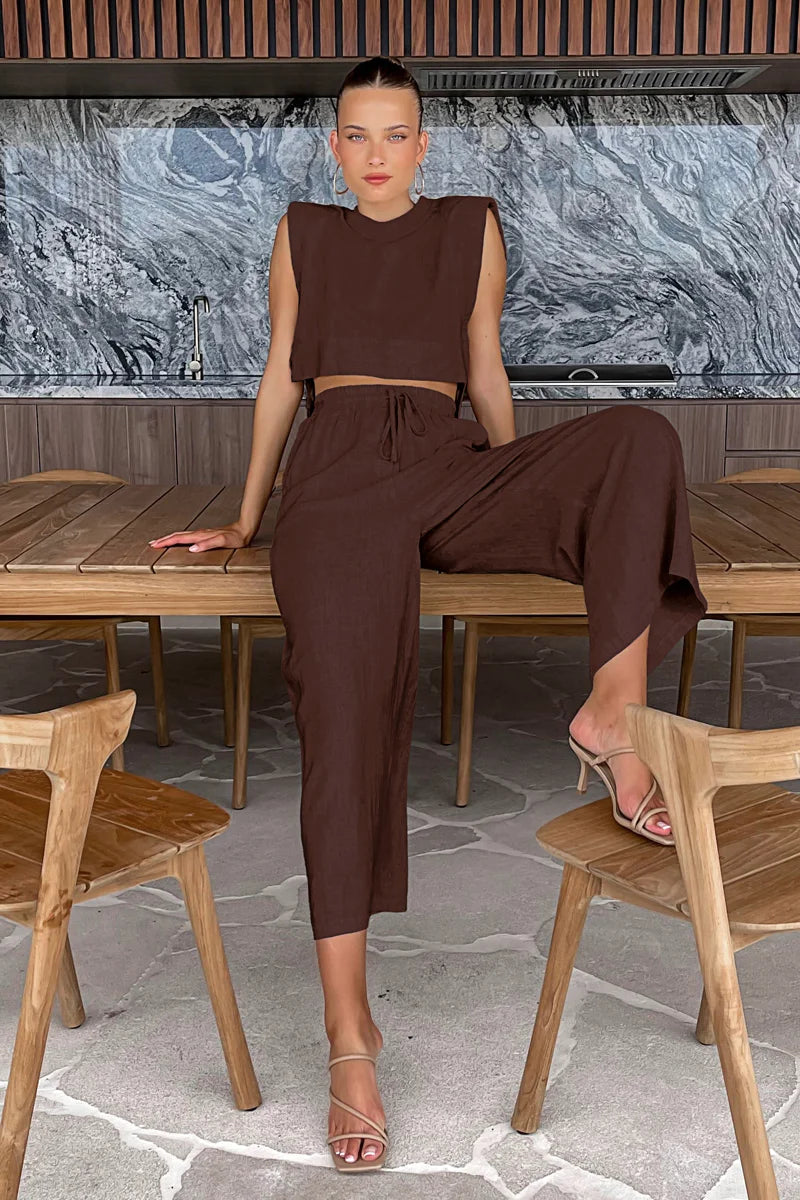 Primavera verão 2025 feminino férias conjunto de calça de linho colheita topos sólidos roupas 2 duas peças conjunto de correspondência para mulher