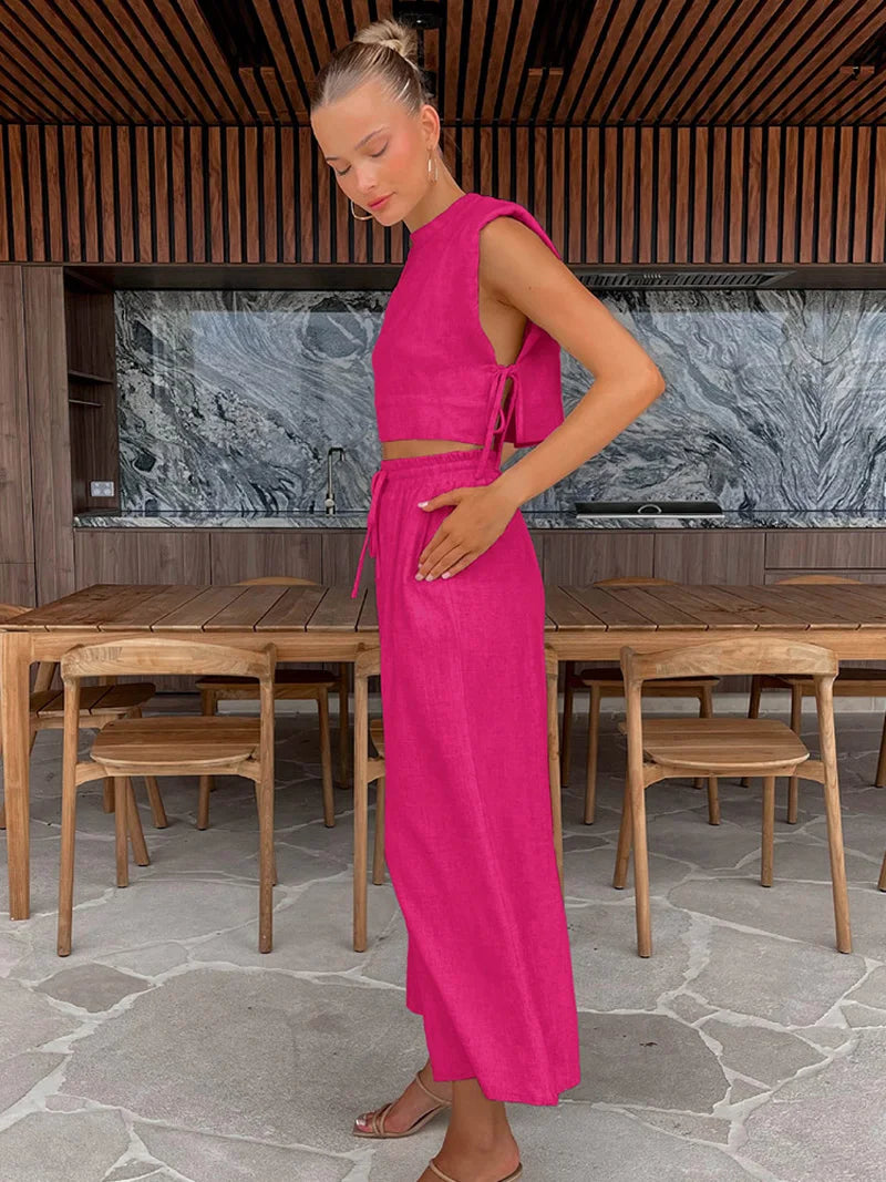 Primavera verão 2025 feminino férias conjunto de calça de linho colheita topos sólidos roupas 2 duas peças conjunto de correspondência para mulher