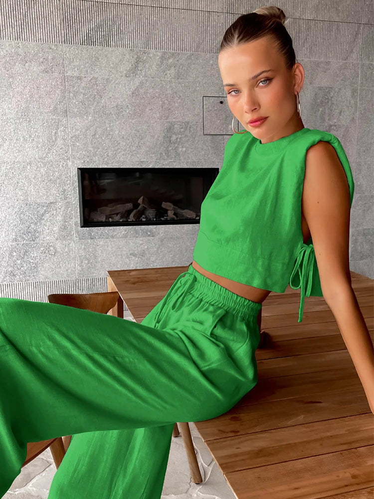 Primavera verão 2025 feminino férias conjunto de calça de linho colheita topos sólidos roupas 2 duas peças conjunto de correspondência para mulher