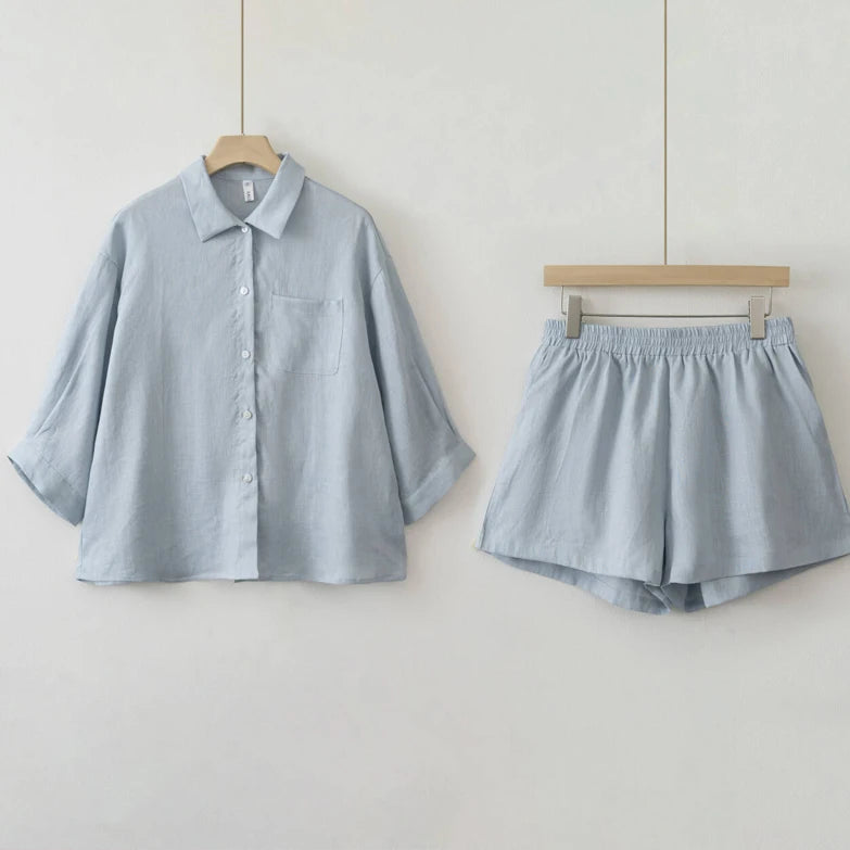 Women 2025 Summer Casual Linen Blouse Shorts Sets