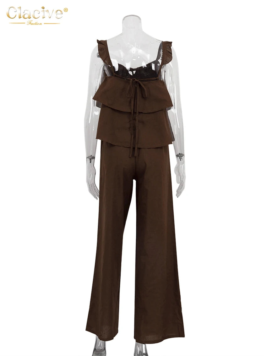Clacive Summer Loose White Cotton Women's Two Pieces Set 2025 Fashion Sleeveless Tank Top With High Waist Wide Pants Set Female