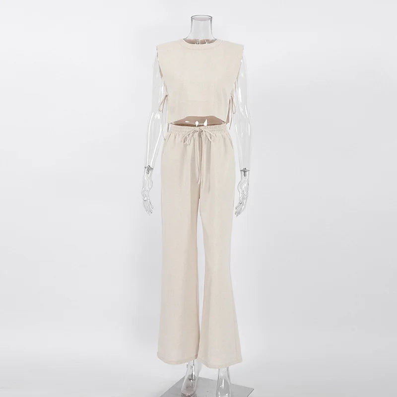 Primavera verão 2025 feminino férias conjunto de calça de linho colheita topos sólidos roupas 2 duas peças conjunto de correspondência para mulher