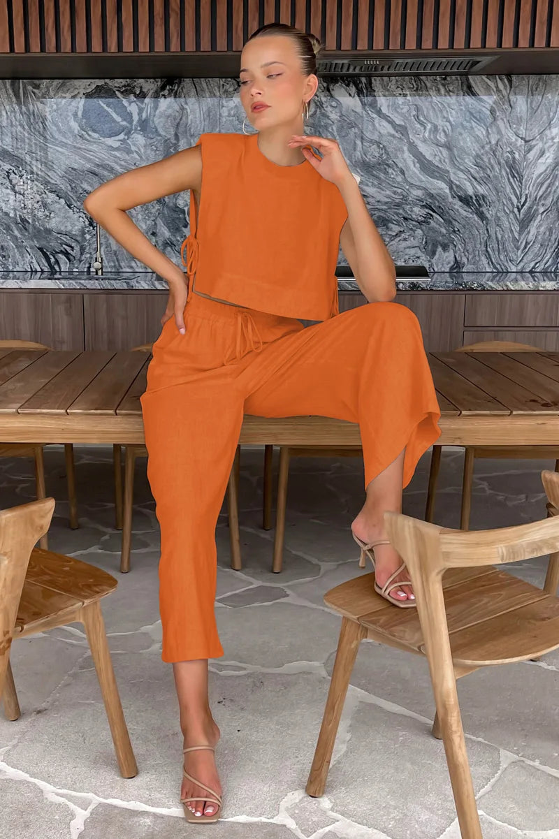 Primavera verão 2025 feminino férias conjunto de calça de linho colheita topos sólidos roupas 2 duas peças conjunto de correspondência para mulher