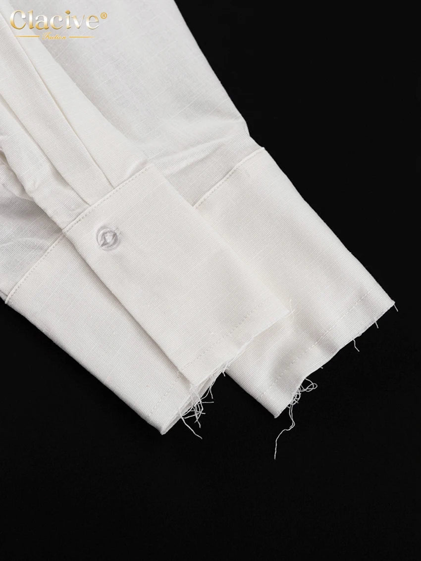 Clacive moda solta linho branco feminino duas peças conjunto 2024 elegante camisa de manga longa com cintura média calças largas conjunto streetwear