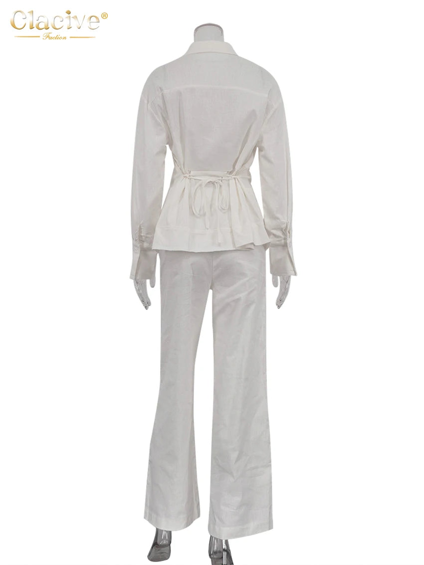 Clacive moda solta linho branco feminino duas peças conjunto 2024 elegante camisa de manga longa com cintura média calças largas conjunto streetwear