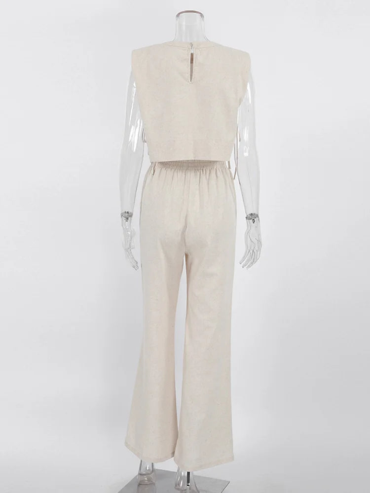 Primavera verão 2025 feminino férias conjunto de calça de linho colheita topos sólidos roupas 2 duas peças conjunto de correspondência para mulher
