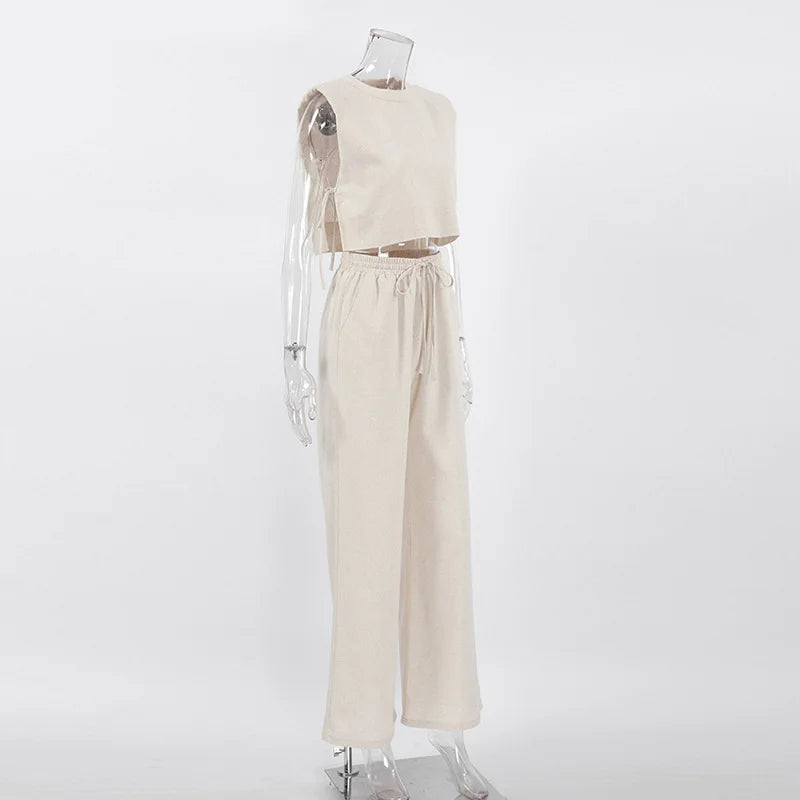 Primavera verão 2025 feminino férias conjunto de calça de linho colheita topos sólidos roupas 2 duas peças conjunto de correspondência para mulher
