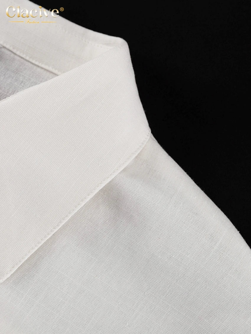 Clacive moda solta linho branco feminino duas peças conjunto 2024 elegante camisa de manga longa com cintura média calças largas conjunto streetwear