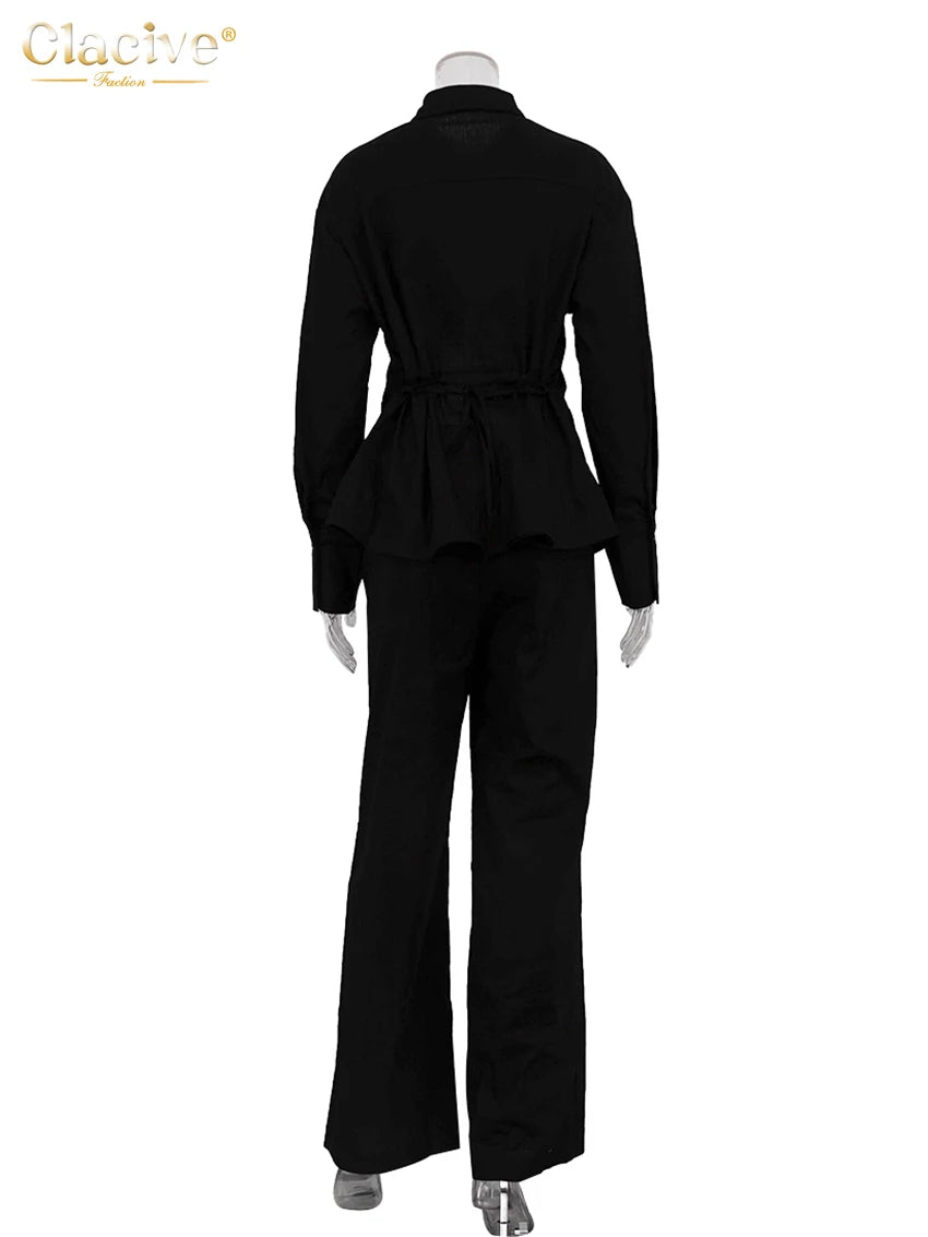 Clacive moda solta linho branco feminino duas peças conjunto 2024 elegante camisa de manga longa com cintura média calças largas conjunto streetwear