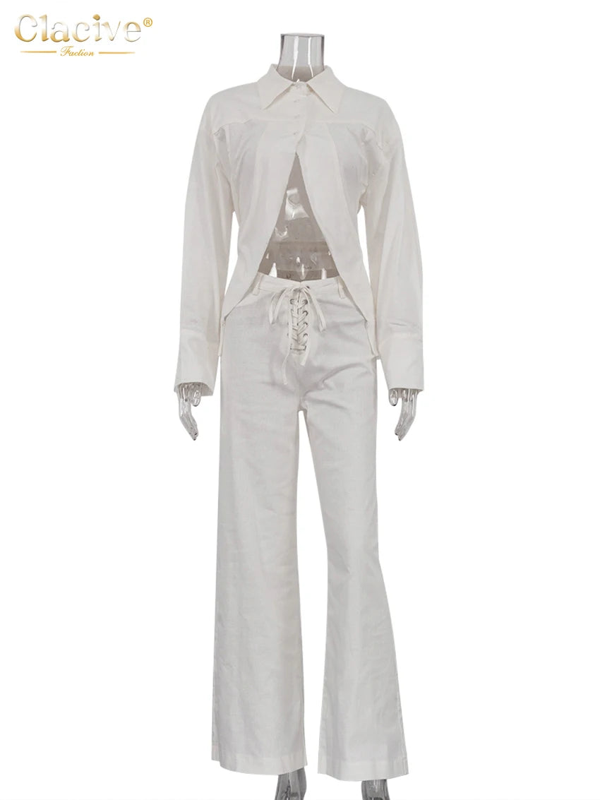 Clacive moda solta linho branco feminino duas peças conjunto 2024 elegante camisa de manga longa com cintura média calças largas conjunto streetwear