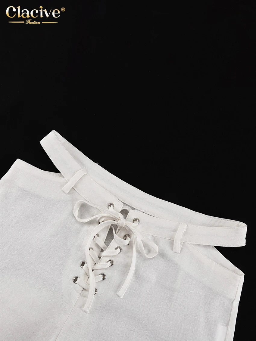 Clacive moda solta linho branco feminino duas peças conjunto 2024 elegante camisa de manga longa com cintura média calças largas conjunto streetwear