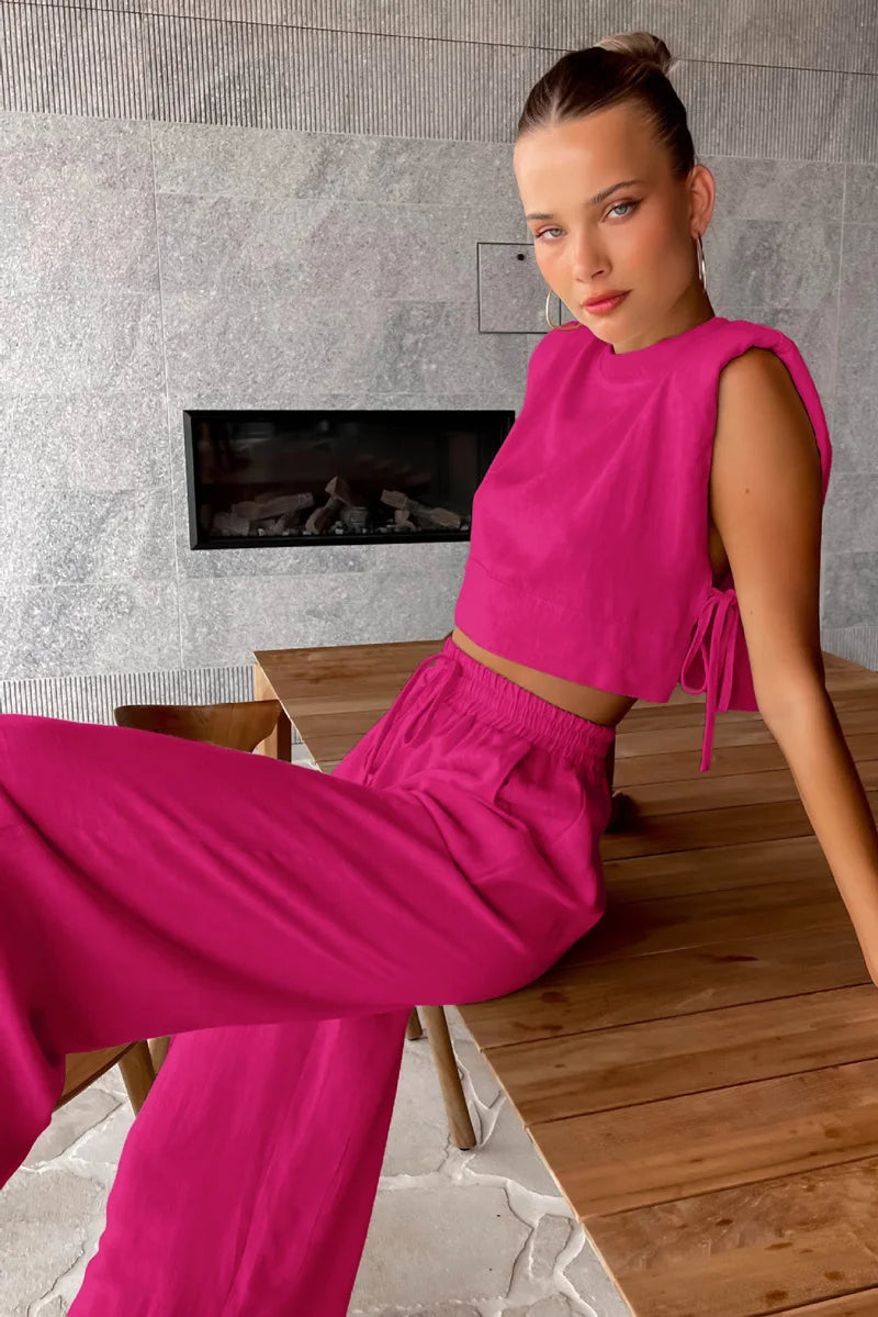 Primavera verão 2025 feminino férias conjunto de calça de linho colheita topos sólidos roupas 2 duas peças conjunto de correspondência para mulher