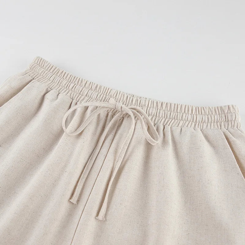 Primavera verão 2025 feminino férias conjunto de calça de linho colheita topos sólidos roupas 2 duas peças conjunto de correspondência para mulher