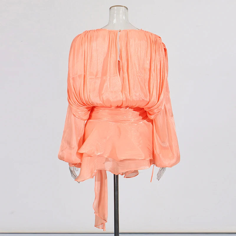 TWOTWINSTYLE Solid Patchwork Lace Up Blouse Mini Dresses For Women V Neck Long Sleeve Sweet Style Dress Female Clothing Fashion