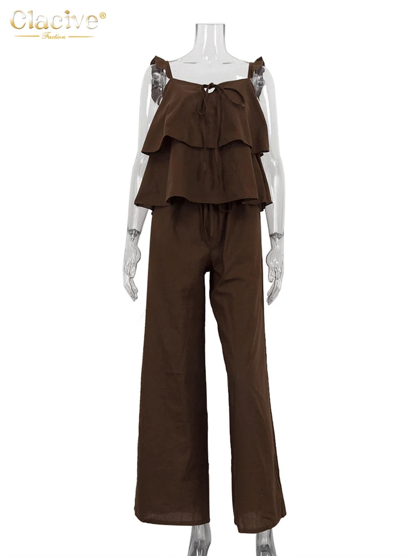 Clacive Summer Loose White Cotton Women's Two Pieces Set 2025 Fashion Sleeveless Tank Top With High Waist Wide Pants Set Female
