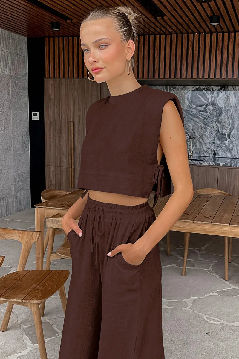 Primavera verão 2025 feminino férias conjunto de calça de linho colheita topos sólidos roupas 2 duas peças conjunto de correspondência para mulher