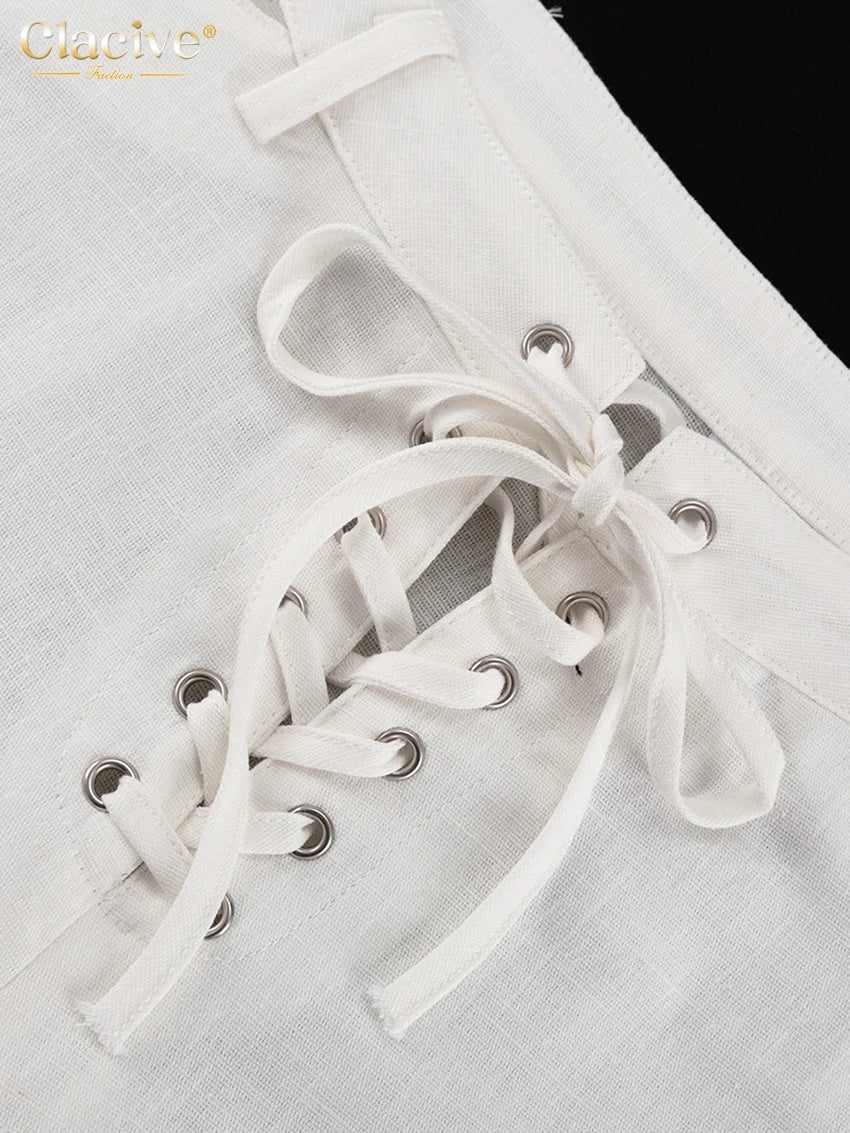 Clacive moda solta linho branco feminino duas peças conjunto 2024 elegante camisa de manga longa com cintura média calças largas conjunto streetwear