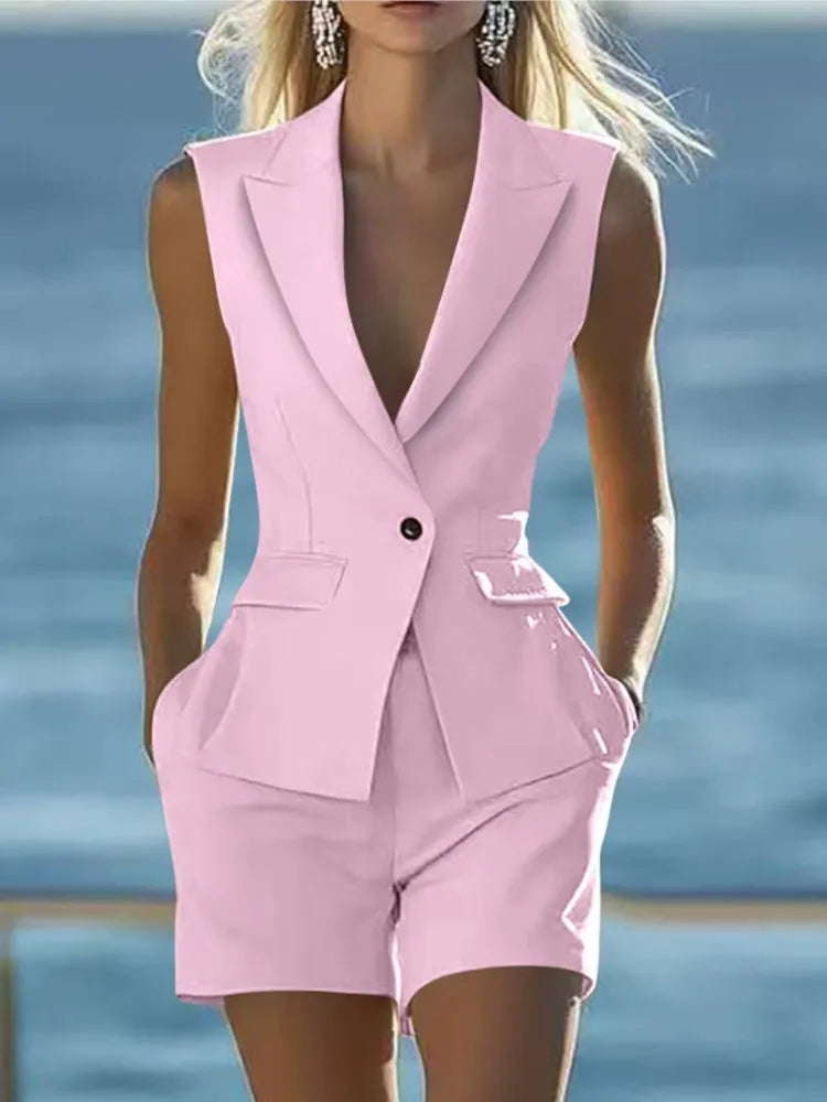 2025 Elegant Women Solid Sleeveless Suit Vest Two Piece Sets Summer Casual Lapel Button Top & Shorts Party Lady Slim Suit Outfit