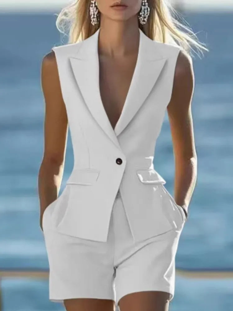 2025 Elegant Women Solid Sleeveless Suit Vest Two Piece Sets Summer Casual Lapel Button Top & Shorts Party Lady Slim Suit Outfit