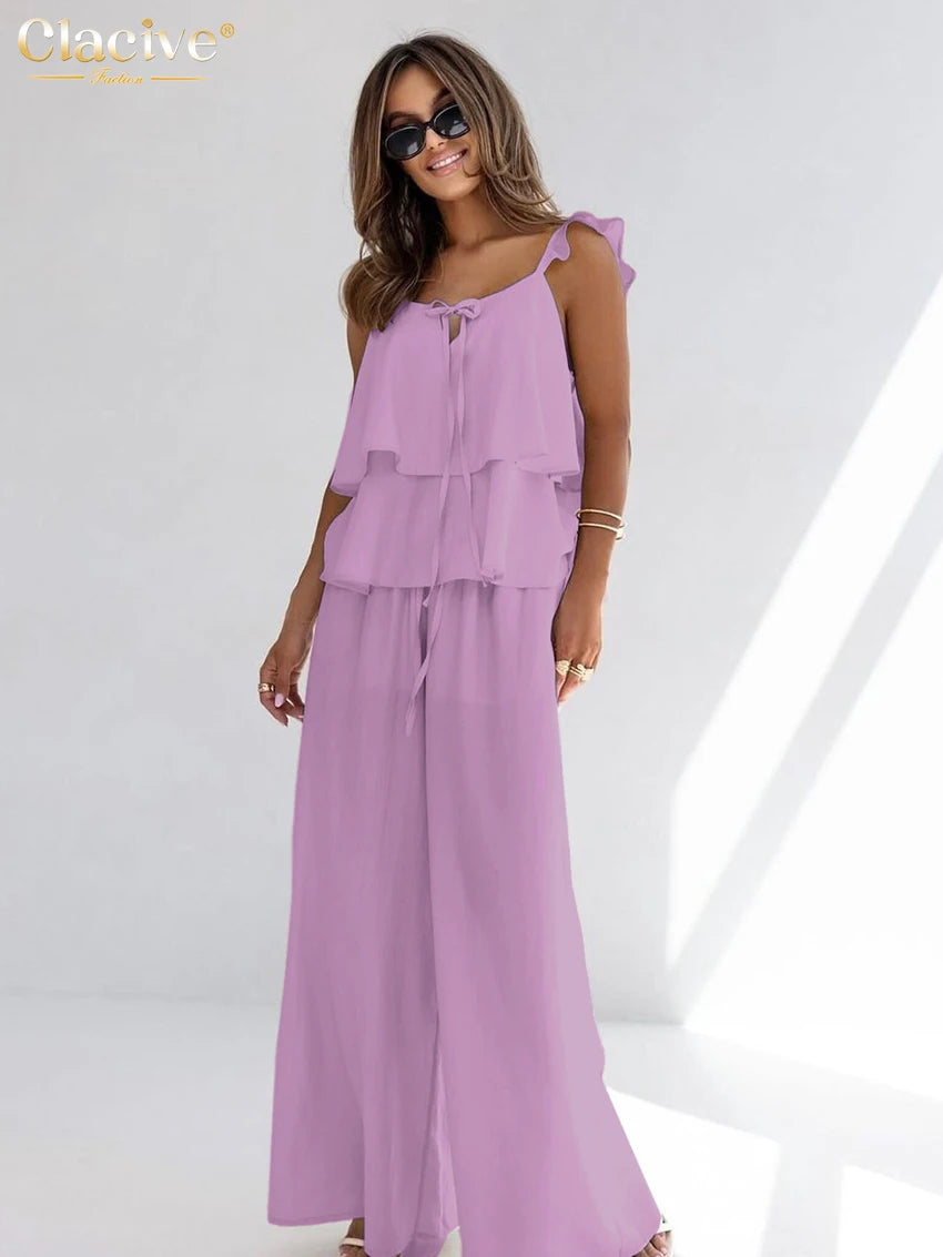 Clacive Summer Loose White Cotton Women's Two Pieces Set 2025 Fashion Sleeveless Tank Top With High Waist Wide Pants Set Female