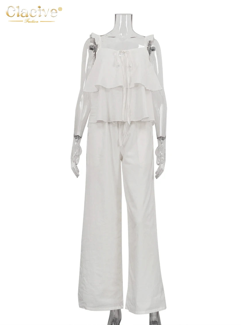 Clacive Summer Loose White Cotton Women's Two Pieces Set 2025 Fashion Sleeveless Tank Top With High Waist Wide Pants Set Female